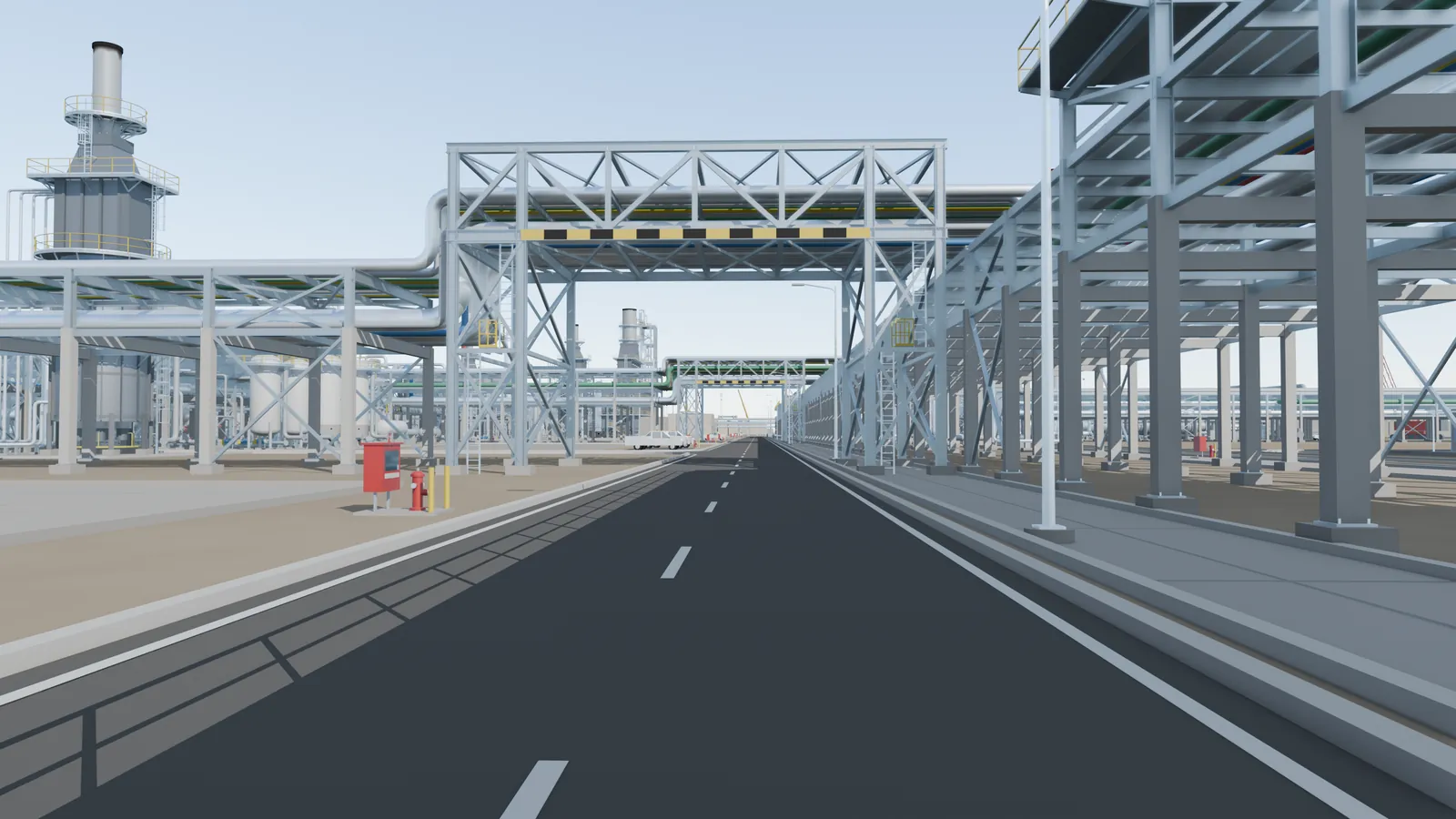 Street-level view along a refinery road under pipe bridges, with process units on both sides
