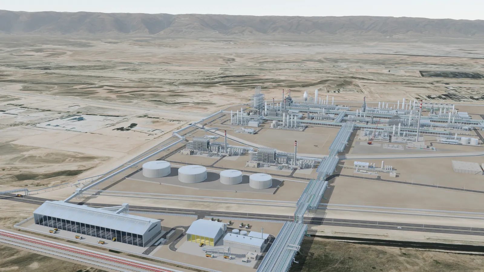 View of the coke store, hot tanks and hydrogen plants with the delayed coker behind