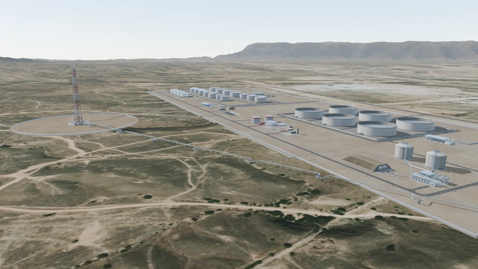 LPG storage tanks and mounded bullets with the elevated flare tower in open ground