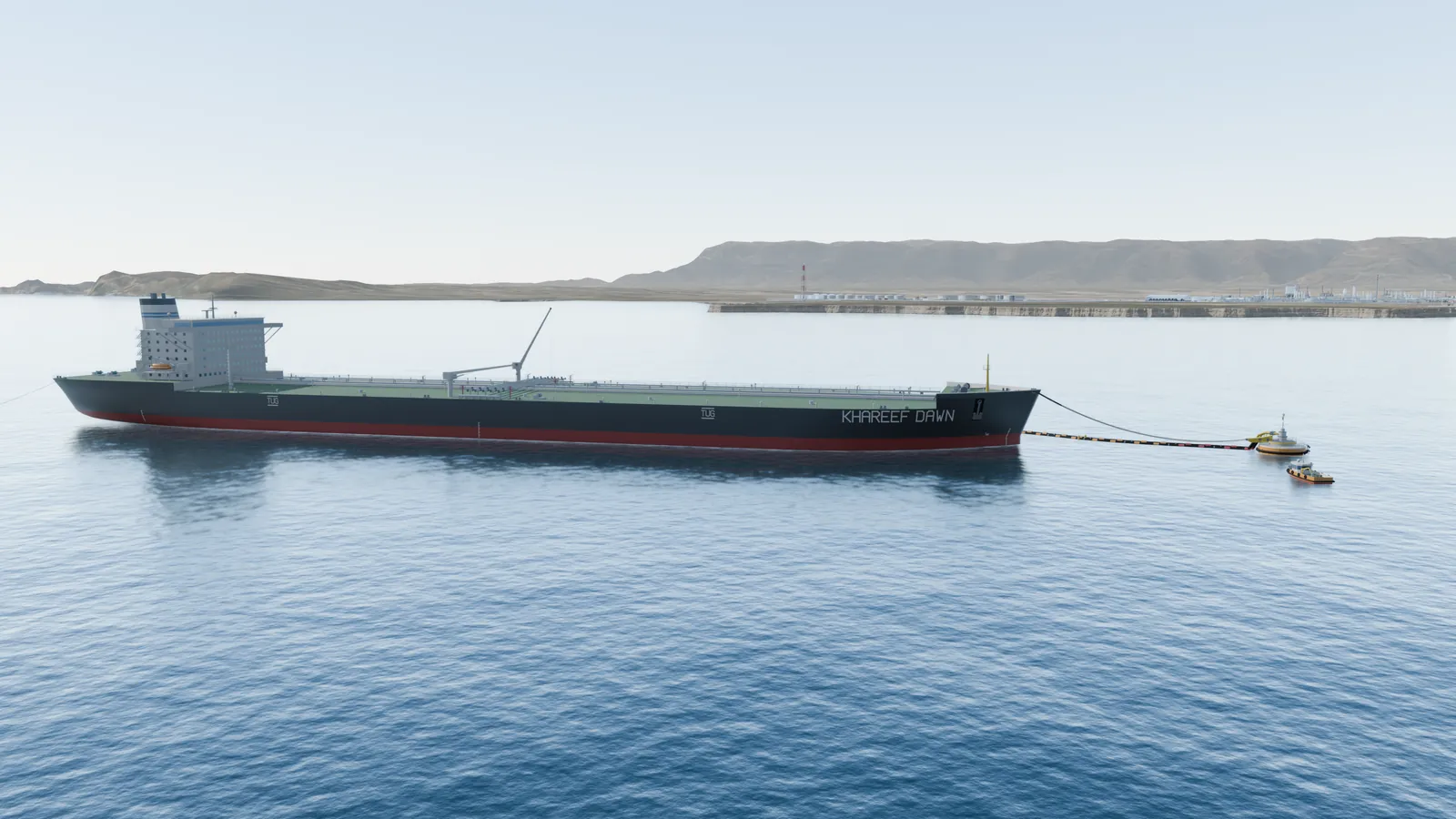 A very large crude carrier moored to a buoy at sea, with the coast behind