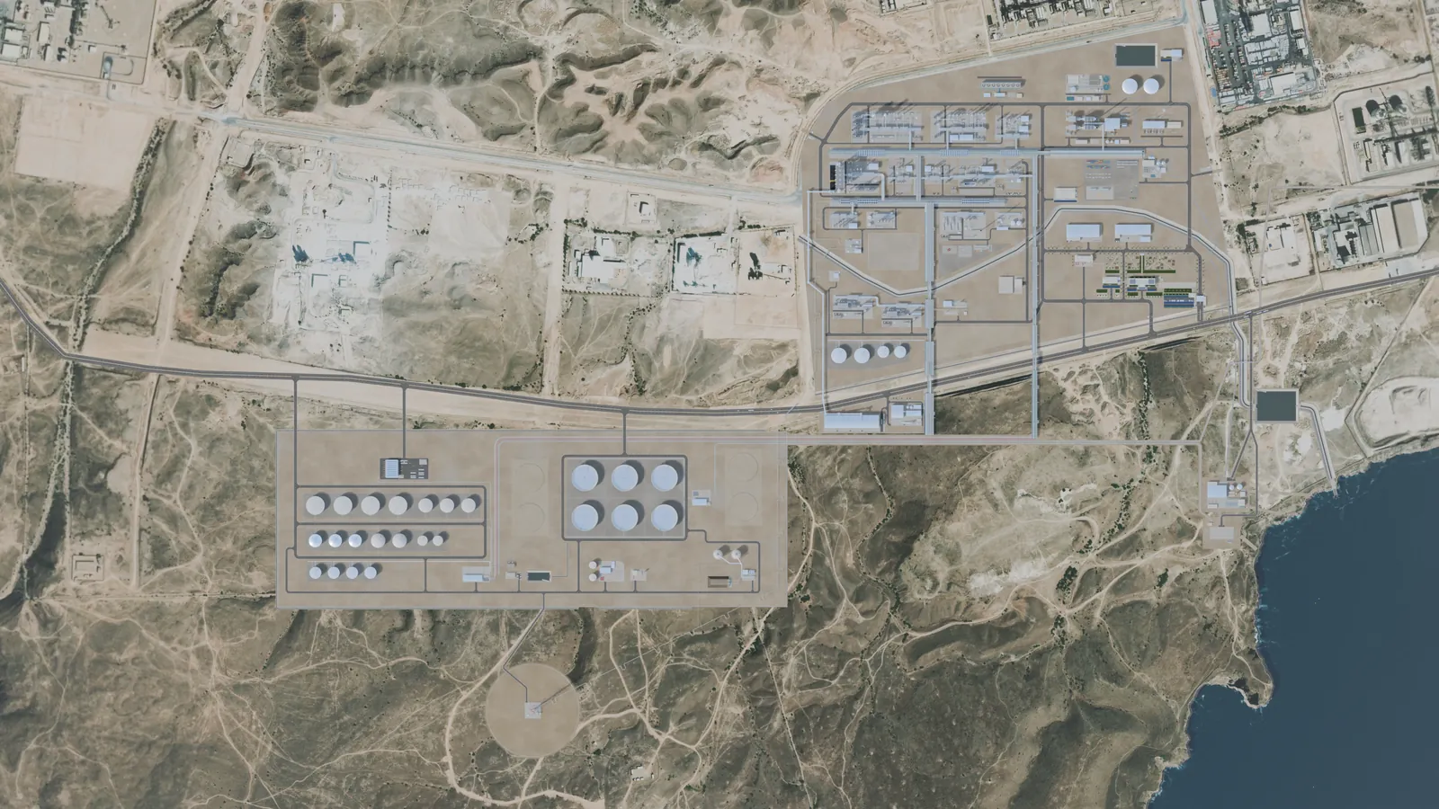 Top-down view of the refinery site layout on satellite imagery